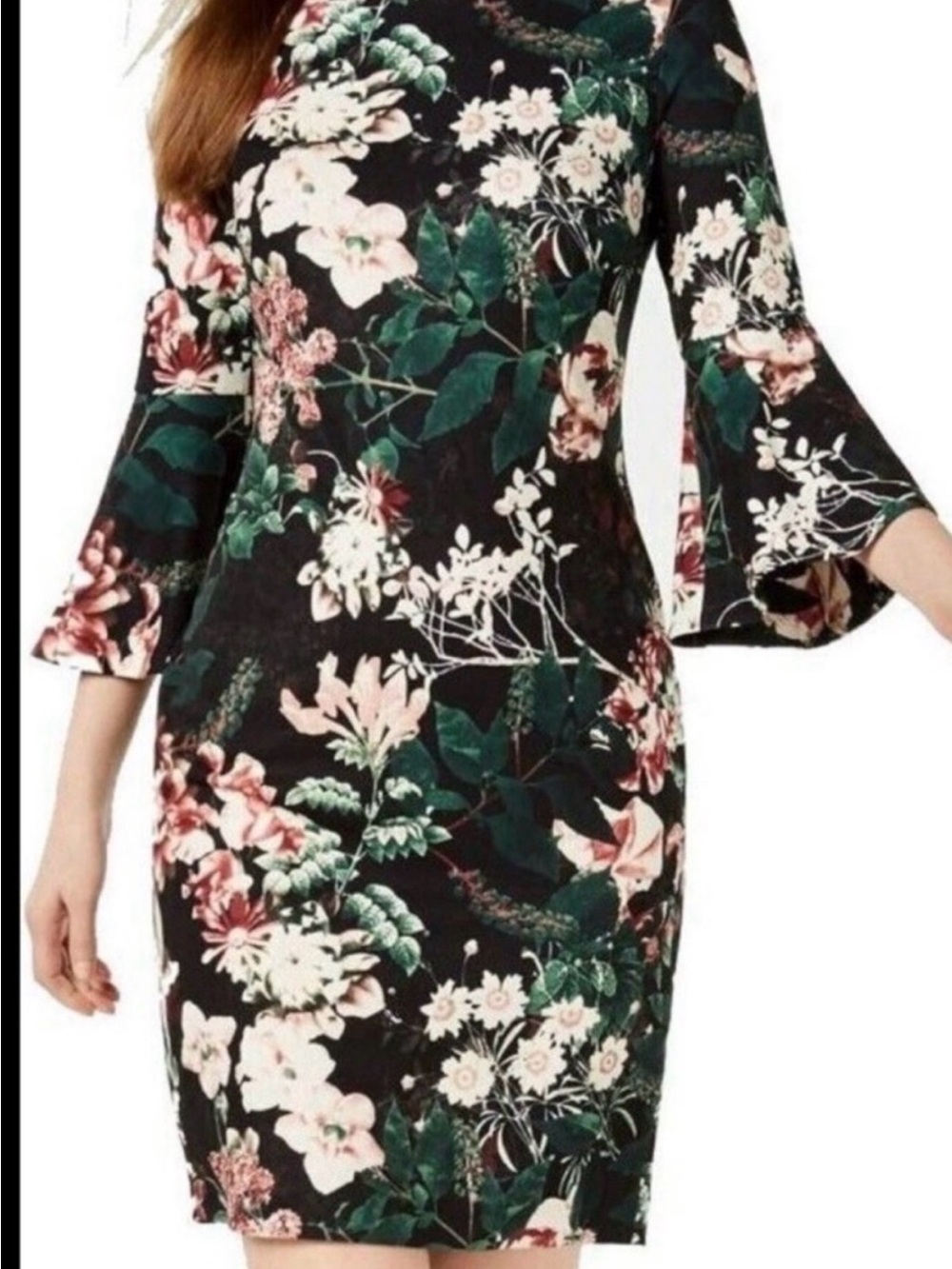 Floral Fit-and-Flare Black Dress with Green Leaf Print size 10